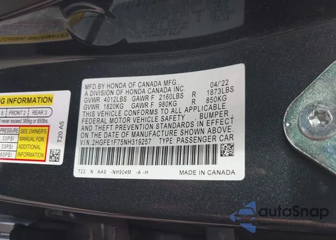 2022 Honda Civic Ex z USA, uszkodzony, nr VIN 2HGFE1F75NH319257